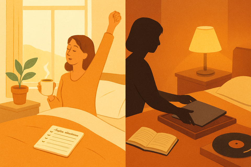 ChatGPT dijo: Ilustración dividida: mañana con mujer estirándose y café en la cama; noche con ella cerrando laptop, libro y tocadiscos, mostrando inicio y cierre del día.